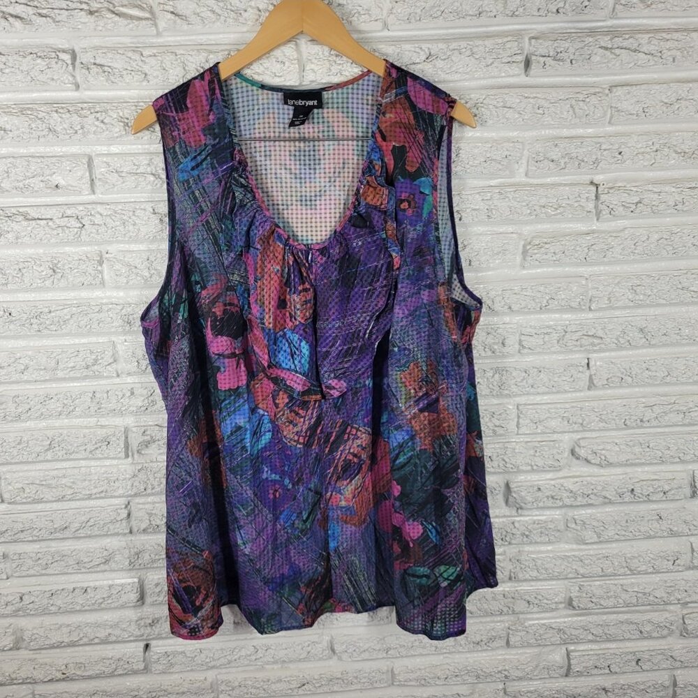 Lane Bryant Womens Topā 28 Plus Tank Purple Floral 1/4 Zip Semi Sheer FLO14E